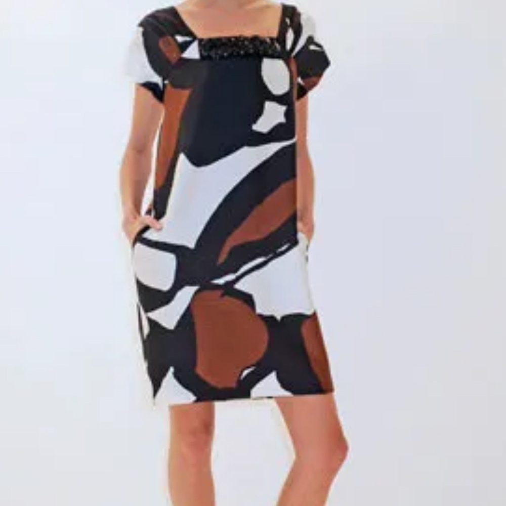 NWT Alberta Ferretti Black and Brown Abstract Mini Dress